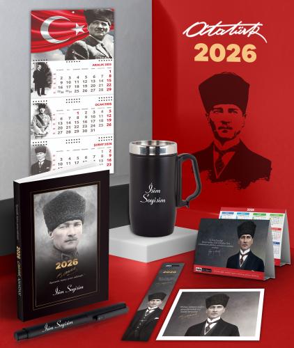 Kişiye Özel 2026 Atatürk Komutan Ajanda - Ayyıldız Duvar Takvimi - Masa Takvimi - Ayraç - Kartpostal - Metal Roller Kalem ve Kulplu Termos Bardak
