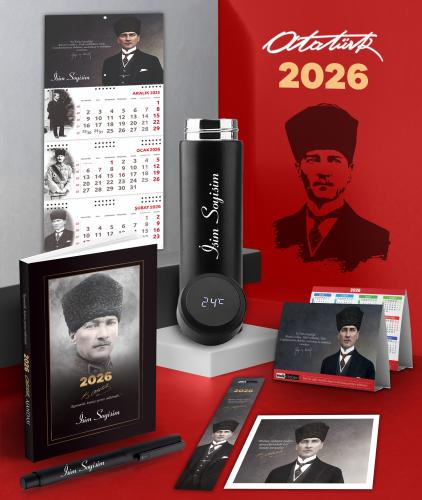 Kişiye Özel 2026 Atatürk Komutan Ajanda - Gazi Duvar Takvimi - Masa Takvimi - Ayraç - Kartpostal - Metal Roller Kalem ve Dereceli Termos