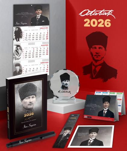Kişiye Özel 2026 Atatürk Komutan Ajanda - Gazi Duvar Takvimi - Masa Takvimi - Ayraç - Kartpostal - Metal Roller Kalem ve Kristal Portre