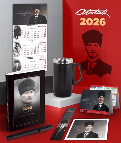2026 Atatürk Komutan Ajanda - Gazi Duvar Takvimi - Masa Takvimi - Ayraç - Kartpostal - Metal Roller Kalem ve Kulplu Termos Bardak