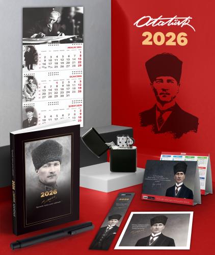 2026 Atatürk Komutan Ajanda - İmza Duvar Takvimi - Masa Takvimi - Ayraç - Kartpostal - Metal Roller Kalem ve Benzinli Çakmak