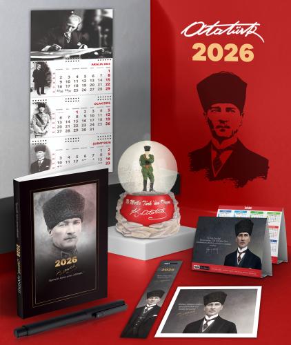 2026 Atatürk Komutan Ajanda - İmza Duvar Takvimi - Masa Takvimi - Ayraç - Kartpostal - Metal Roller Kalem ve İzmir Marşı Kar Küresi