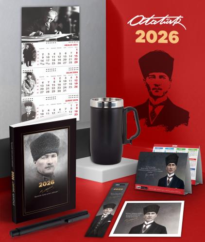 2026 Atatürk Komutan Ajanda - İmza Duvar Takvimi - Masa Takvimi - Ayraç - Kartpostal - Metal Roller Kalem ve Kulplu Termos Bardak