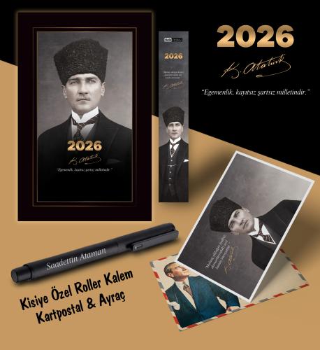 2026 Kalpaklı Atatürk Ajandası Ayraç Kartpostal Kalem - Siyah - Halkki