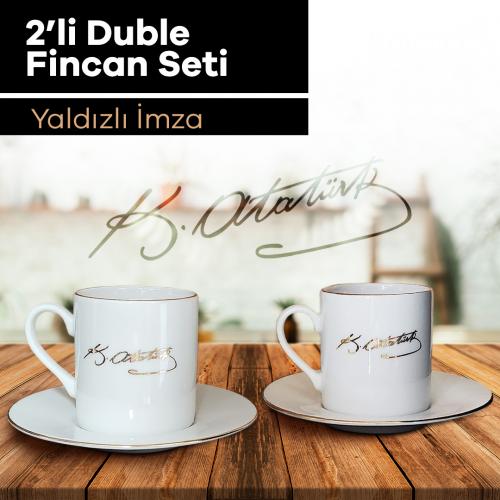 2li Duble Kahve Fincanı Takımı - Yaldızlı İmza