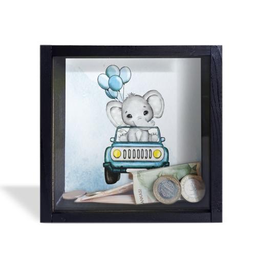 Camlı Ahşap Kumbara Mavi Arabalı Fil Siyah - Halkkitabevi