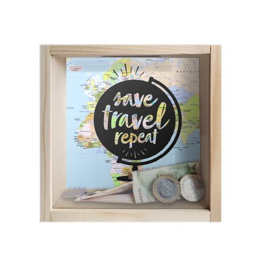 Camlı Ahşap Kumbara Dünya Turu Ham Ahşap - Halkkitabevi