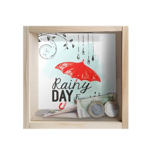 Camlı Ahşap Kumbara Kırmızı Şemsiyeli Ham Ahşap - Halkkitabevi