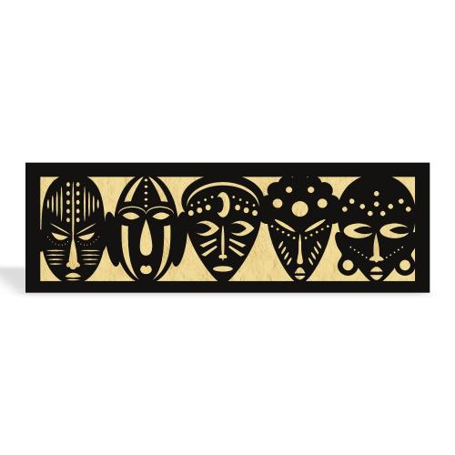 Afrika Maskeler 2 Katlı Ahşap Oyma Tablo Altın Varak & Siyah