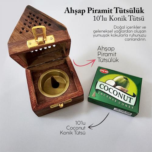 Ahşap Piramit Konik Tütsülük ve 10lu Hem Konik Tütsü - Coconut -