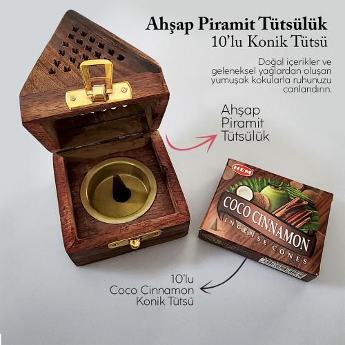 Ahşap Piramit Konik Tütsülük ve 10lu Hem Konik Tütsü - Coconut Cinnamon
