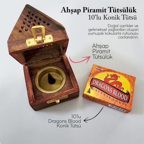 Ahşap Piramit Konik Tütsülük ve 10lu Hem Konik Tütsü - Dragons Blood