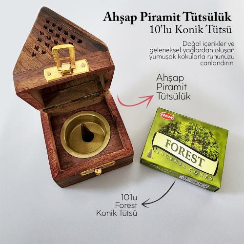 Ahşap Piramit Konik Tütsülük ve 10lu Hem Konik Tütsü - Forest