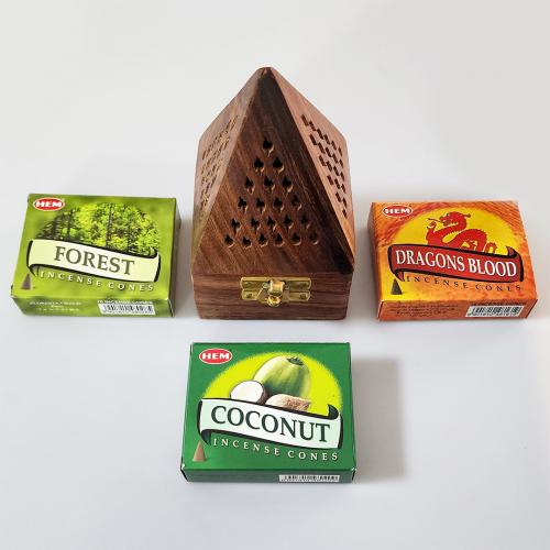 Ahşap Piramit Konik Tütsülük ve 30lu Hem Konik Tütsü - Coconut - Dragons Blood - Forest