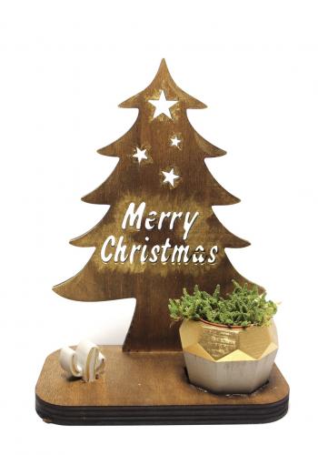 Ahşap Çam Ağaçlı Beton Saksılık, Mutlu Yıllar Yazılı