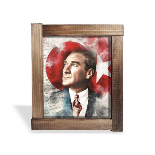 Ahşap Çerçeveli Atatürk Tablosu "Türk Bayraklı"