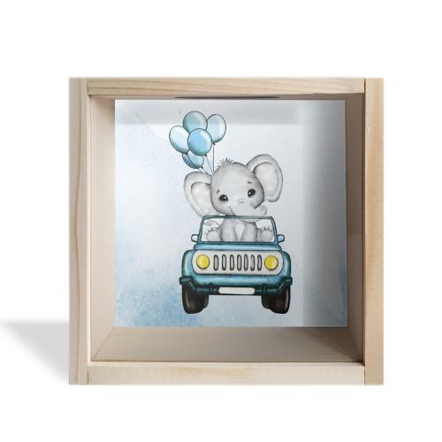 Camlı Ahşap Kumbara Mavi Arabalı Fil Ham Ahşap - Halkkitabevi