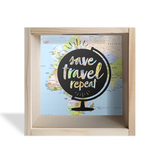 Camlı Ahşap Kumbara Dünya Turu Ham Ahşap