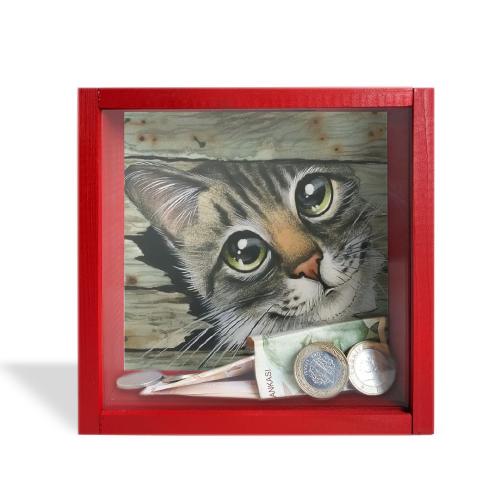 Camlı Ahşap Kumbara Kedicik Kırmızı - Halkkitabevi