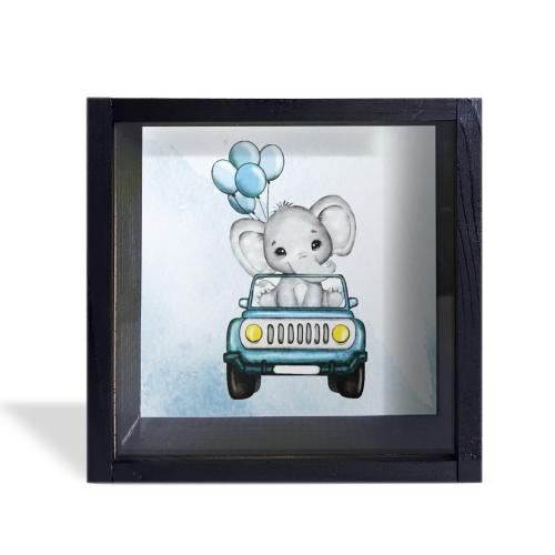 Camlı Ahşap Kumbara Mavi Arabalı Fil Siyah - Halkkitabevi