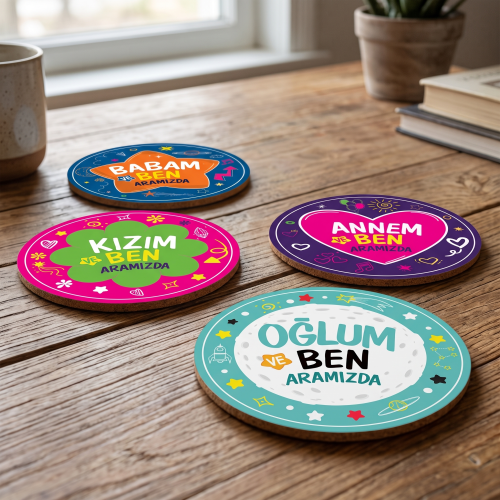 Aramızda 4'lü Bardak Altlığı Seti UV Baskı 9 cm MDF - Halkkitabevi