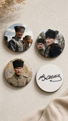Atatürk Bardak Altlığı 4'lü Set 9 cm, 3 mm MDF, UV Baskı, Dekoratif