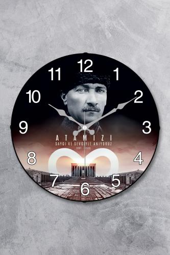 Atatürk Duvar Saati - 36 cm Gerçek Bombe Cam Akar Saniye Sessiz Mekanizma Dekoratif - MR-16-10