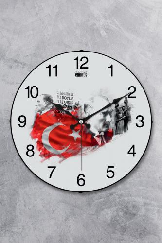 Atatürk Duvar Saati - 36 cm Gerçek Bombe Cam Akar Saniye Sessiz Mekanizma Dekoratif - MR-16-8
