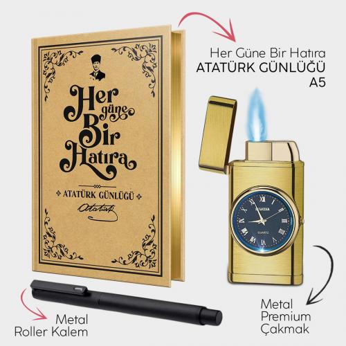 Atatürk Günlüğü A5 - Brushed Gold Saatli Çakmak - Metal Roller Kalem -