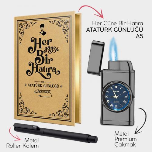 Atatürk Günlüğü A5 - Piano Black Saatli Çakmak - Metal Roller Kalem - 