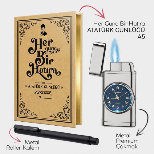 Atatürk Günlüğü A5 - Silver Saatli Çakmak - Metal Roller Kalem - Halkk
