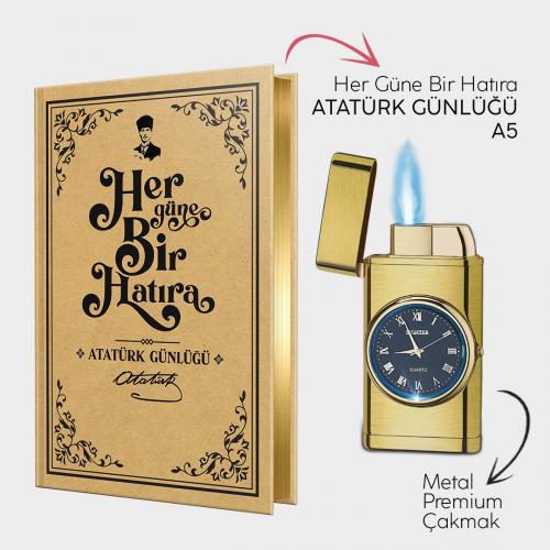 Atatürk Günlüğü A5 ve Brushed Gold Saatli Çakmak - Halkkitabevi