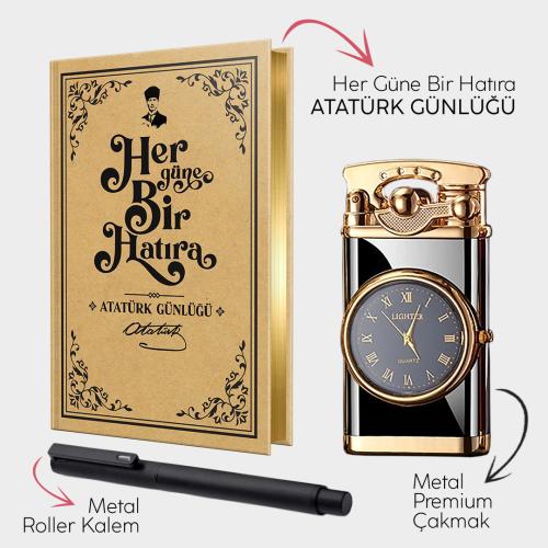 Atatürk Günlüğü - Retro Piano Black Saatli Çakmak - Metal Roller Kalem