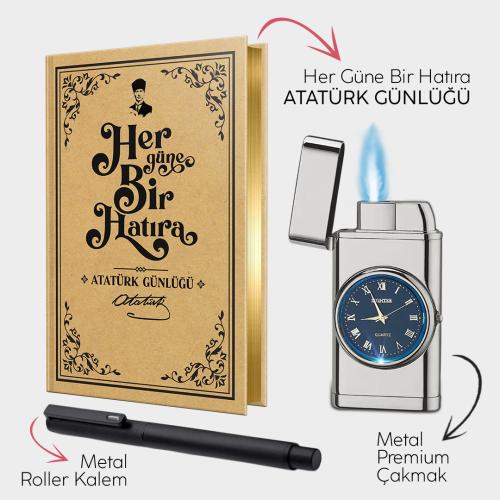 Atatürk Günlüğü - Silver Saatli Çakmak - Metal Roller Kalem - Halkkita