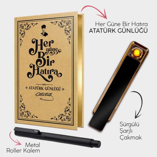 Atatürk Günlüğü - Sürgülü Şarjlı Çakmak - Metal Roller Kalem - Halkkit