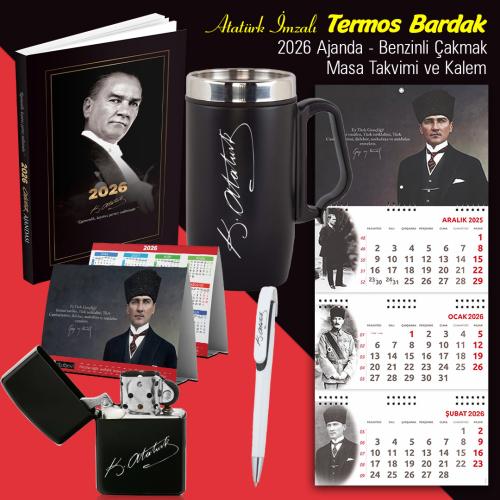 Atatürk İmzalı 2026 Ajanda - Termos Bardak - Duvar Takvimi - Masa Takvimi - Kalem - Benzinli Çakmak