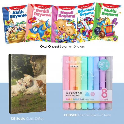 Beşli Boyama Kitabı - Fosforlu Kalem CS-H716 - Kedi Ailesi Defter - Ha
