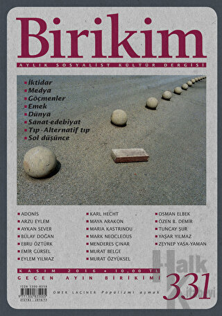Birikim Aylık Sosyalist Kültür Dergisi Sayı: 331 Kasım 2016 - Halkkita