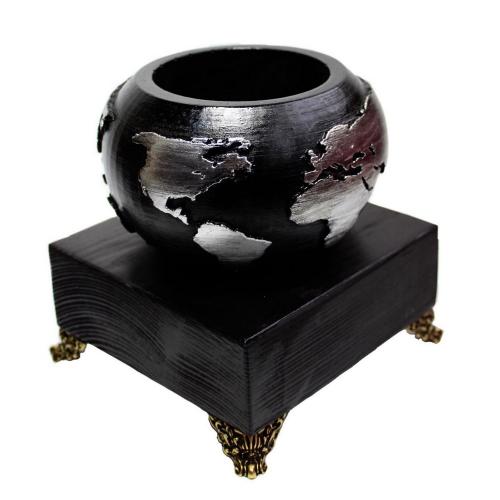 Büyük Dünya Beton Saksı Siyah Gümüş , Metal Ayaklı Ahşap Stand