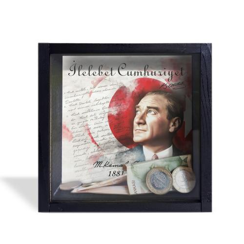 Camlı Ahşap Kumbara Atatürk İlelebet Cumhuriyet - Siyah - Halkkitabevi