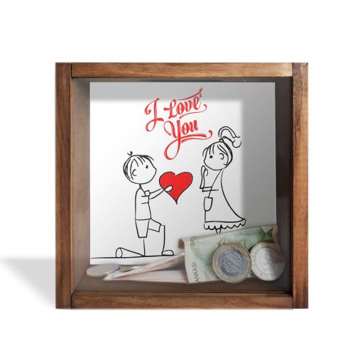 Camlı Ahşap Kumbara I Love You