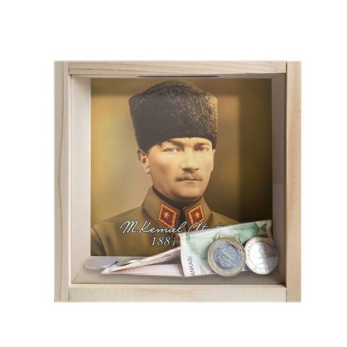 Camlı Ahşap Kumbara Kalpaklı Atatürk "Ham Ahşap" - Halkkitabevi