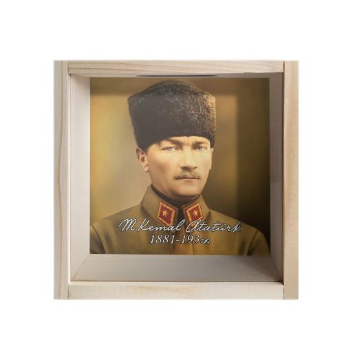 Camlı Ahşap Kumbara Kalpaklı Atatürk "Ham Ahşap"