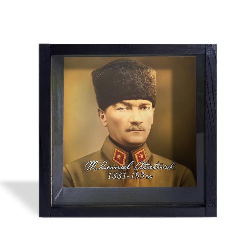 Camlı Ahşap Kumbara Kalpaklı Atatürk "Siyah"