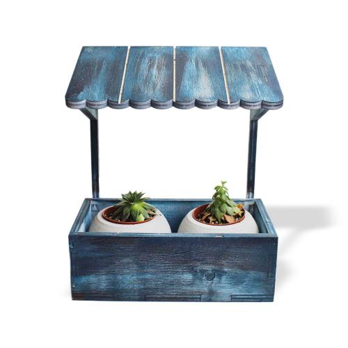 Çatılı Dekoratif 2'li Beton Saksı Standı, Mavi Eskitme Desenli