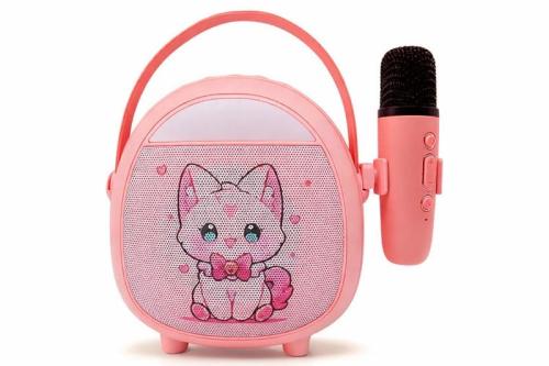 Çocuklara Özel Retro Tasarımlı Bluetooth Karaoke Mikrofon ve Ahşap Tripodlu – Pembe