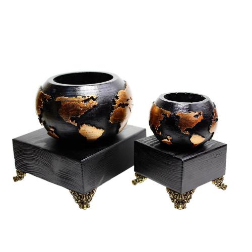 Dünya Beton Saksı 2'li Set Siyah Bakır , Metal Ayaklı Ahşap Stand