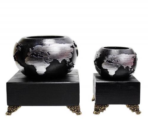 Dünya Beton Saksı 2'li Set Siyah Gümüş, Metal Ayaklı Ahşap Stand - Hal