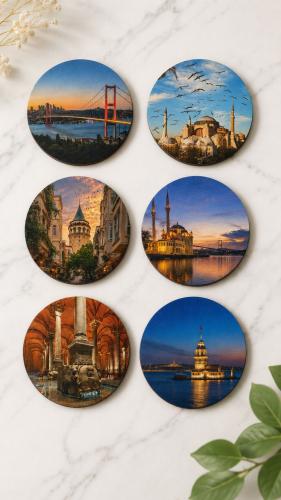 İstanbul Bardak Altlığı 6'lı Set 9 cm, 3 mm MDF, UV Baskı, Dekoratif