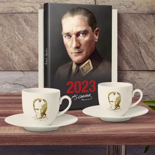 İkili Altın Yaldızlı Portre Fincan ve Önder 2023 Atatürk Ajanda